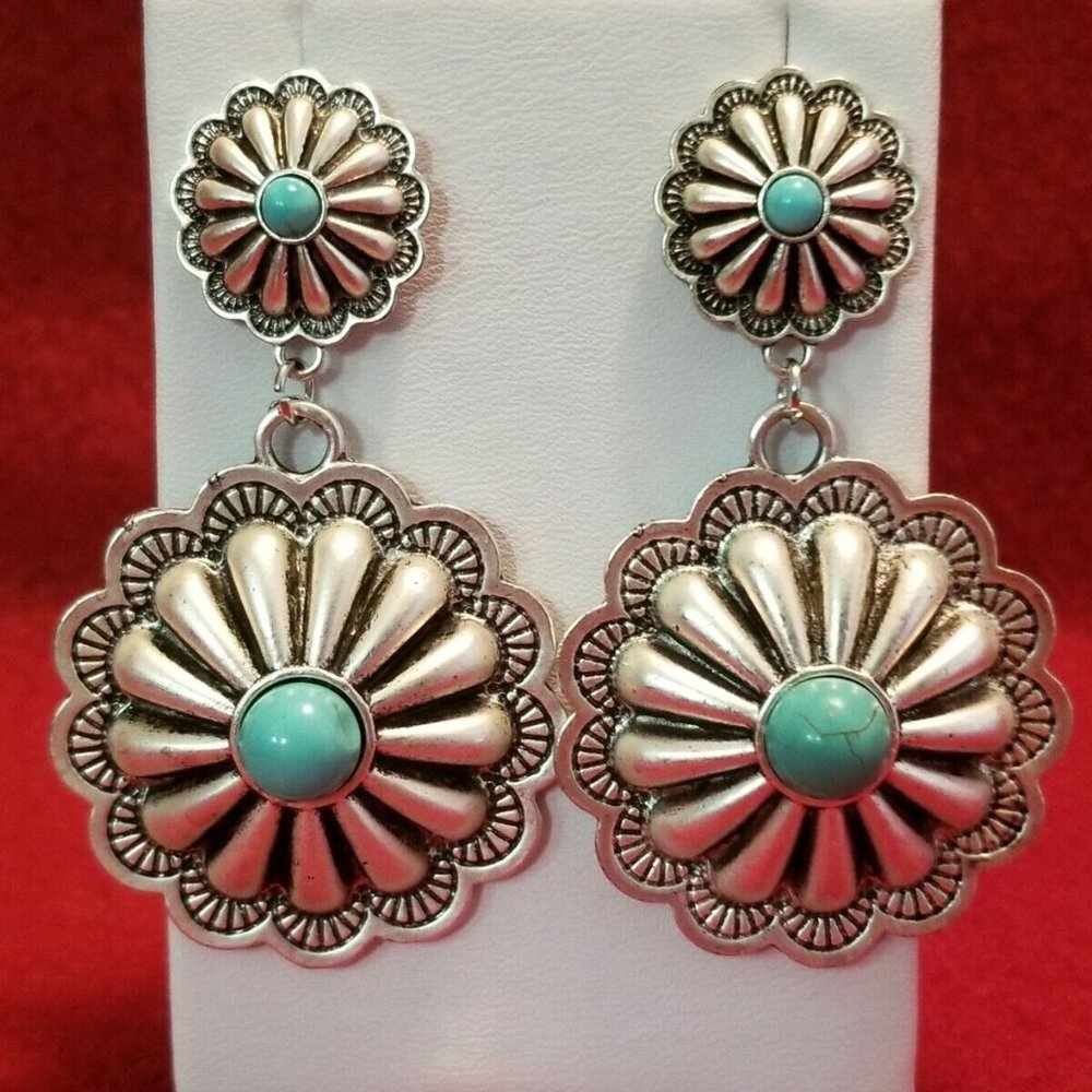 SUPER SALE~NEW~Turquoise Concho SW Santa Fe  Style Natural Stone Post Earrings